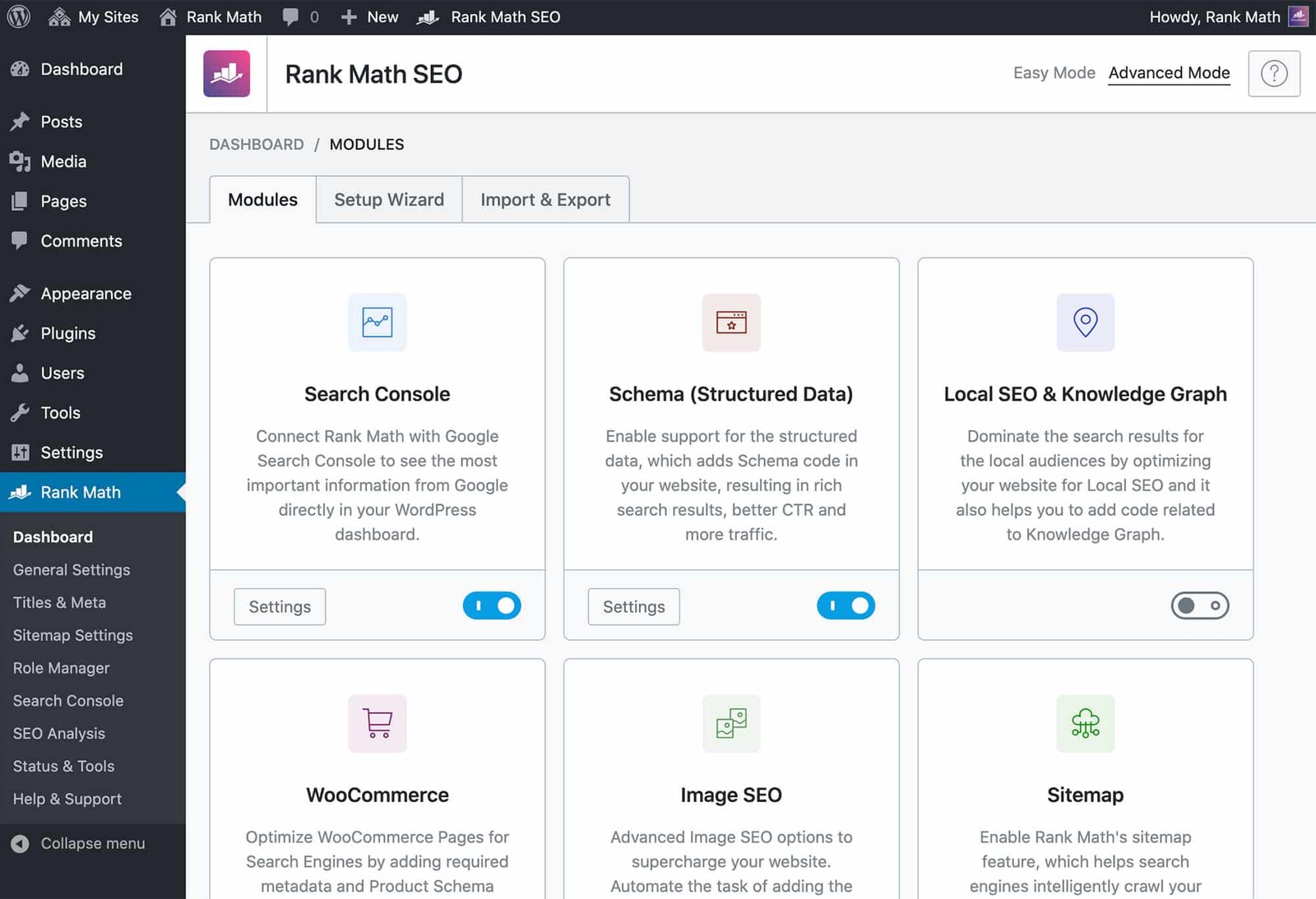 Page des modules de Rank Math dans WordPress