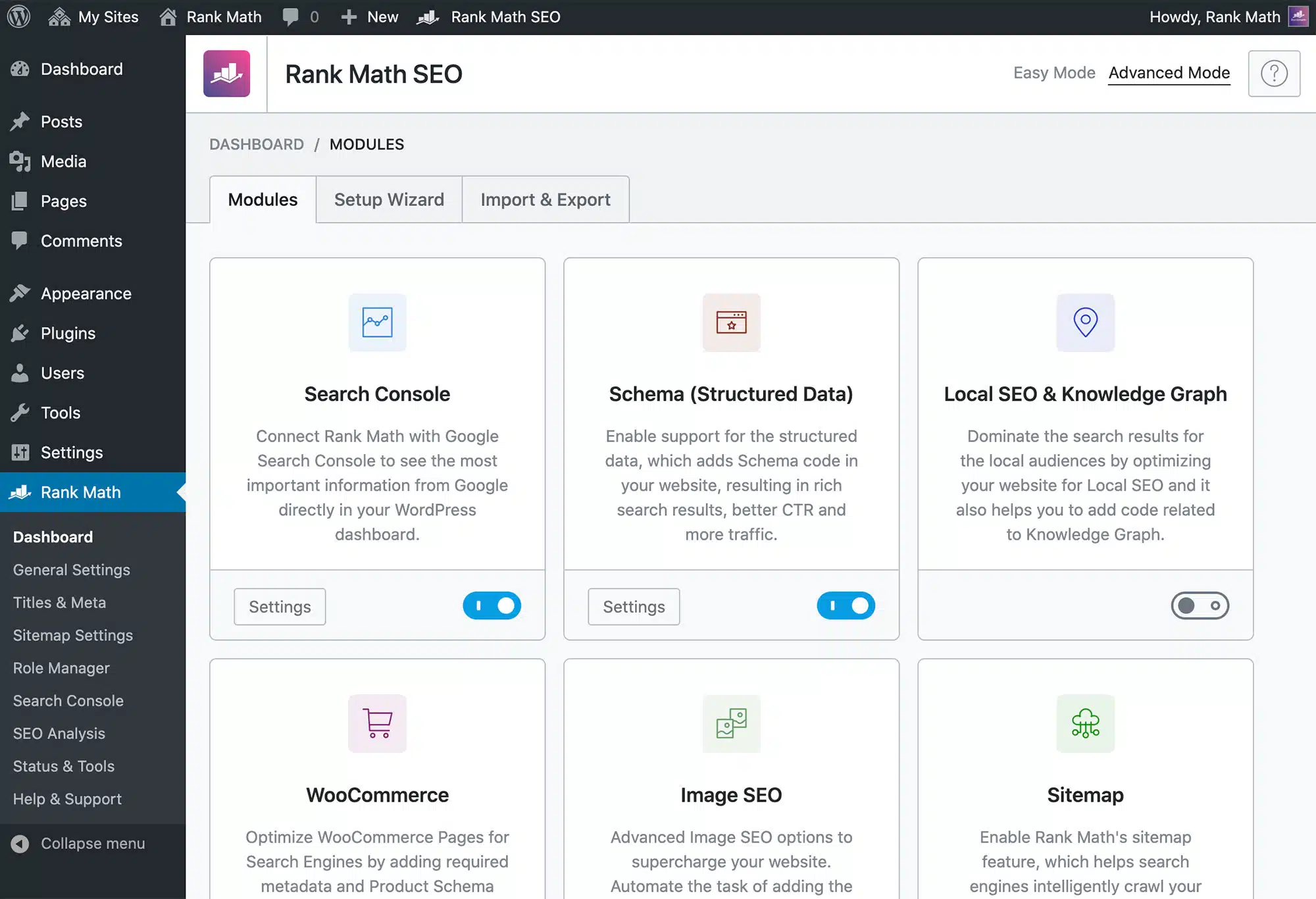 Page des modules de Rank Math dans WordPress